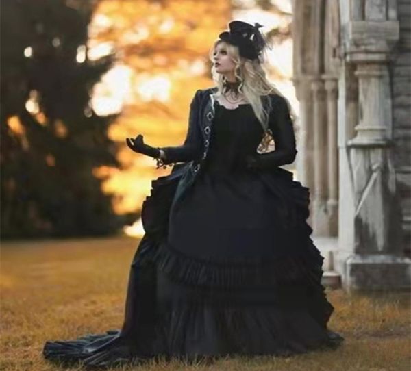 2022 Vintage medieval victoriano negro vestido de bola vestidos de novia para mujeres gótico plisado corsé vestidos de novia con manga larga Jack6936169