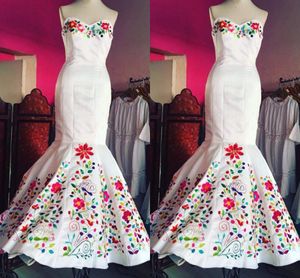 2022 Vintage mexicano bordado vestido de novia Chic satén blanco cariño Top corsé espalda vestidos formales para novia