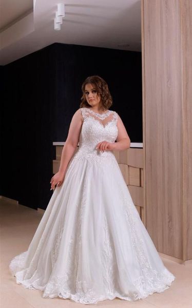 2022 Vintage Plus Size Une ligne robe de mariée bijou cou dentelle appliqué ivoire tulle robes de mariée longues robes de mariée sans manches Sum5390728