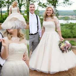 2022 Vintage Plus Size Wedding Dresses Bridal Gown A Line Country Lace Applique 1/2 Half Sleeves Ankle Length vestido de novia