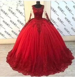 2022 Vintage Gezwollen Baljurk Quinceanera Jurken Lange Mouw Rode Tule Kralen Kant Sweet 16 Mexicaanse Feestjurk Baljurken BC11332 B04149047653