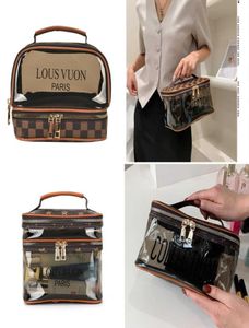 2022 Vintage Retro transparante Clear Cosmetic Bag Plaid dubbele ritshandtas portemonnees wasmake -uptassen grote capaciteit PVC Travel ST5449327