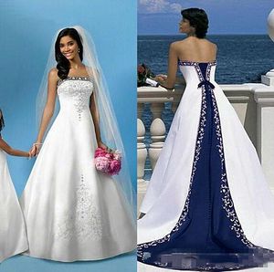 2022 Vintage Blanc Et Marine Une Ligne Broderie Robe De Mariée Sans Bretelles Longues Robes De Mariée Arabe Satin Balayage Train Robes De Mariée Sans Manches Vestidos De Novia