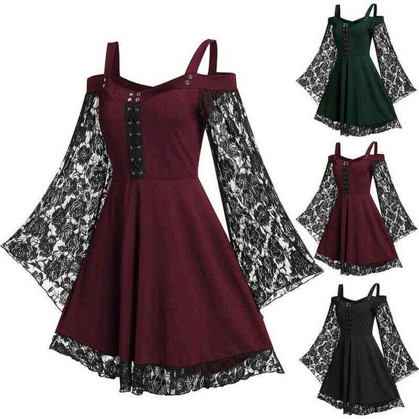 2022 Vintage Femmes Printemps Automne Robes Dentelle Patchwork Flare Manches Noir A-ligne Robe Punk Partywear Gothique Plus La Taille L à 5XL Y220401