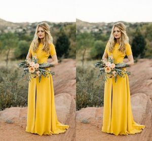 2022 Vintage Yellow Country Bruidsmeisjes Jurken Middler Slit met mouwen lang avondfeest Prom Formal Cocktail Dress Custom Mad259W