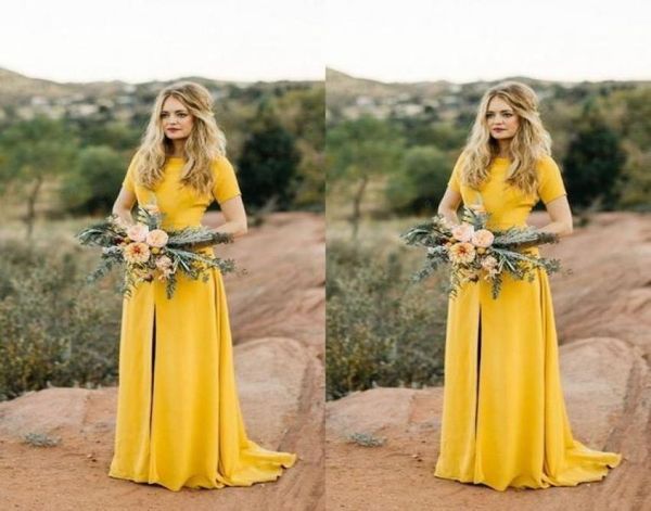 2022 Vintage Yellow Country Bridesmaids Robes Middler Slit avec manches longues soirée Prom Robe cocktail formelle personnalisée MAD6209310