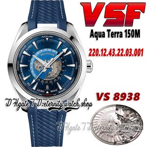 2022 VSF Aqua Terra 150M GMT Worldtimer 8938 automatisch herenhorloge 220.12.43.22.03.001 43 mm blauwe wijzerplaat SS + roestvrijstalen kast rubberen band Super Edition Eternity horloges
