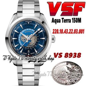 2022 VSF Aqua Terra 150m GMT Worldtimer 8938 Automatic Mens Watch 220 12 43 20 03 001 43mm blue cadran SS Bracelet en acier inoxydable 214Z
