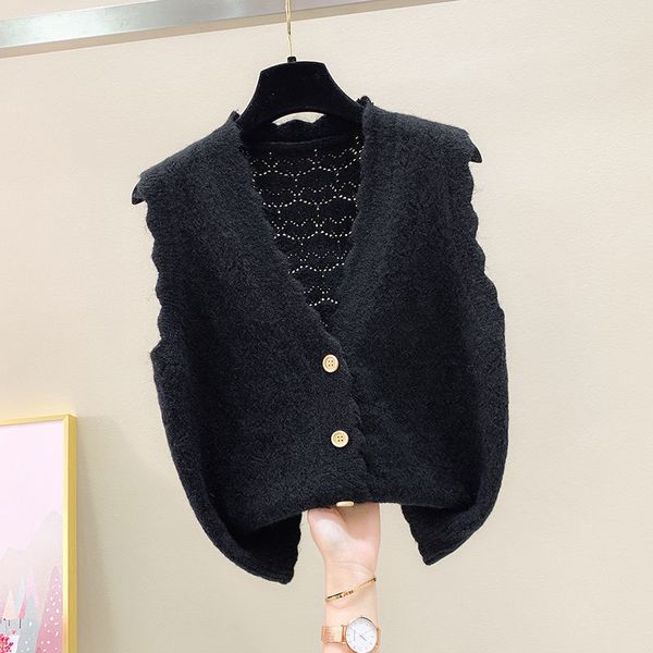 Pull tricoté sans manches, col en v ondulé, gilet court, ample, manteau de printemps, hauts, tissu pour femmes et filles, noir, 2022