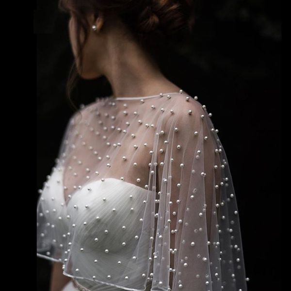 2022 chaquetas de abrigo de boda Bolero capa nupcial perlas novias capa parte delantera corta espalda larga mujeres noche chal nupcial hombro cubierta
