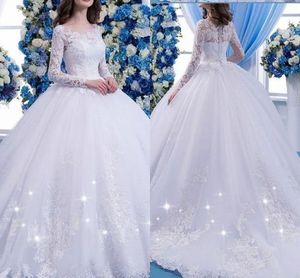 2022 Witte Baljurk Trouwjurken Vintage Scoop Hals Lange Mouwen Applicaties Puffy Long Bridal Jurken Dubai Arabisch BC0759