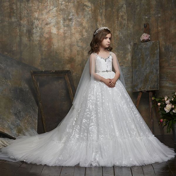 2022 Vestido de niña de flores blancas niños pequeños para tul de boda 3d floral ruffle prestamista vestidos de noche vestidos de fiesta de cumpleaños primera comunión