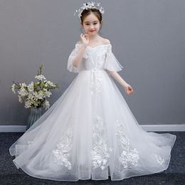 2022 Vestidos de niñas de flores blancas para bodas Cuello transparente mangas largas Aplicación de encaje Tul Children Vestidos de novia Vestidos de certamen de niñas