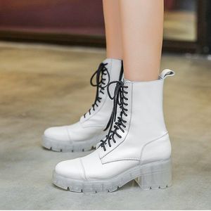 2022 blanc cuir femmes bottes à lacets talons épais bottines pour femmes automne Transparent talon bas plate-forme chaussures femme