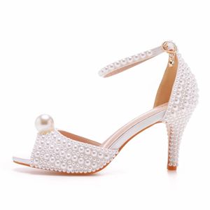 2022 Witte Pearl Sandals vrouwen open teen hoge hakken dame luxe trouwschoenen banketjurk