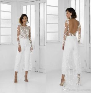 2022 Mono de satén blanco con sobrefalda Vestidos de baile Elegantes mangas largas Vestidos de fiesta sin espalda Pantalones Vestidos de noche Vestido De Festa Personalizar B0610x