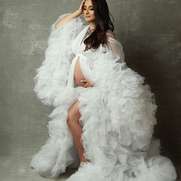 2022 blanc femmes robes de bal col en V volants Robes de maternité pour séance photo élégantes longues robes de soirée