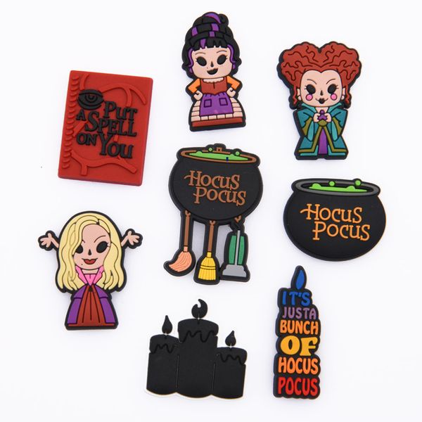 2022 Venta al por mayor Hocus Pocus Shoes Charms Popular Halloween Moives Clog Shoe Charms Decoración Custom Soft Rubber Pumpkin Croc Charm para niños regalos navideños