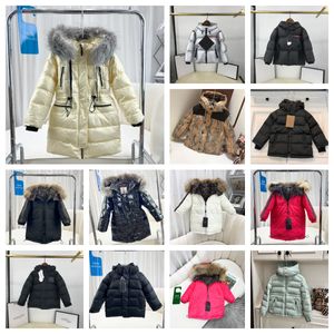 2023 Winter Down Coat Boys Girls Downs Chaquetas Bebé Botón Cremallera Carta Parkas 3-12 años Moda Niños Abrigos de diseño Lana Cálido Traje de nieve con capucha Abrigo largo