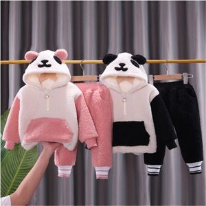 2022 hiver nouveaux ensembles pour enfants bébé dessin animé vêtements mignon costume pour garçons et filles en peluche épaissi coton vêtements à capuche haut pantalon 2 pièces costume