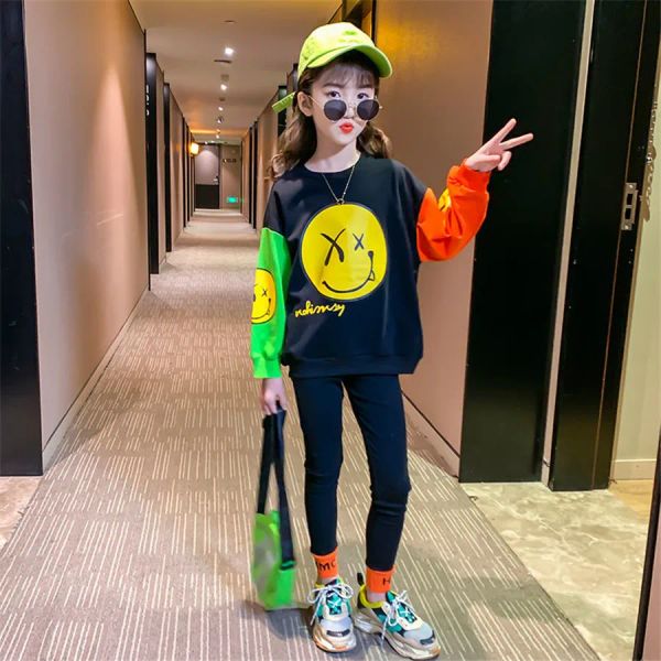 2022 Hiver Spring Kids Sports Girls Suit Suit Smile Soule à manches longues T-shirt Hoodie + Leggins Teenager 4 6 8 10 12 11 ans