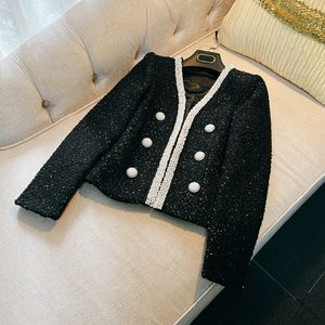 2022 Winterwit / zwarte vaste kleur kralen tweed jas lange mouw v-neck knoppen dubbele borte jassen jassen kort uitsluiting d2n292177