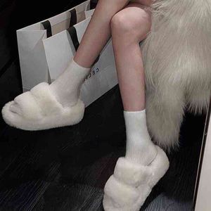 2022 hiver femmes maison fourrure pantoufles mode fausse fourrure chaud chaussures femmes sans lacet appartements femme maison diapositives noir Plus G220730