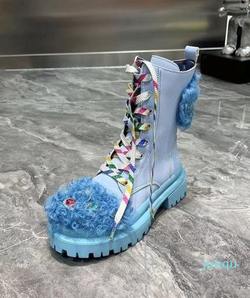 2022 Bottes d'hiver pour femmes mode cuir verni à semelles épaisses laine bouclée fluorescente carré femme antidérapante neige strass botte femmes