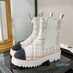 2022 hiver femme nouvelle atyle bottes courtes femal fond épais chaussette élastique plat martin bottes dames couleur mélangée tissu de laine demi chaussures taille 35-41