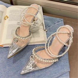 2022 vrouwen 9 cm hoge hakken mode parel ketting sandalen dame stripper bruiloft pompen transparant kristal lage hakken strap prom schoenen Y220224