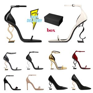 Femmes Habille chaussures hautes talons en cuir Gol Tone triple noir luxe femme Designer Sandales Sandales Party Bureau de mariage 8 10cm avec boîte
