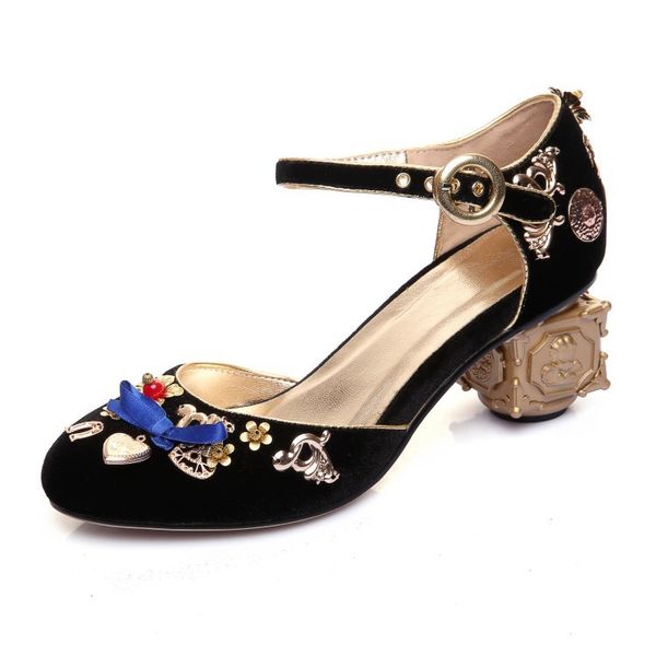 2022 femmes dames chaussures habillées en cuir véritable 5CM métal chuckly talons hauts diamant bout rond boucle de fête de mariage sangle noeud papillon 3D fleur rétro Mary Jane velours