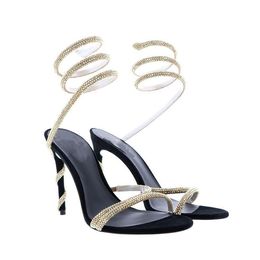 2022 Femmes Mesdames Vraiment Real Cuir High Heels Sandales Chaussures robes Pumps Smulpper Summer Casual Peep Toes Round Toe Party Wedding Dimond Snake Twines Taille