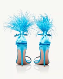 2022 Femmes Mesdames Vraiment réel en cuir satin 10cm talons sandales Plume d'été Peep-Toe-Toe Mariage Gladiator Chaussures Boucle Fashion Solide Band étroit Taille