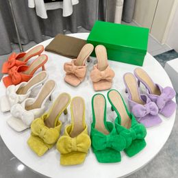 2022 Dames Lido Designer Sandalen Vierkante Muilezels Suède Bowknot Sandal Dames Bruiloft Hoge Hakken Jurk Schoenen Maat 35-42