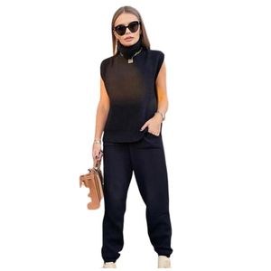 2022 vrouwen losse wollen breisels ontwerper tweedelig broek sets meisjes Milan runway jersey joggen uit het kader van de turtle nek crop tops trui pullover en lange broek leggings