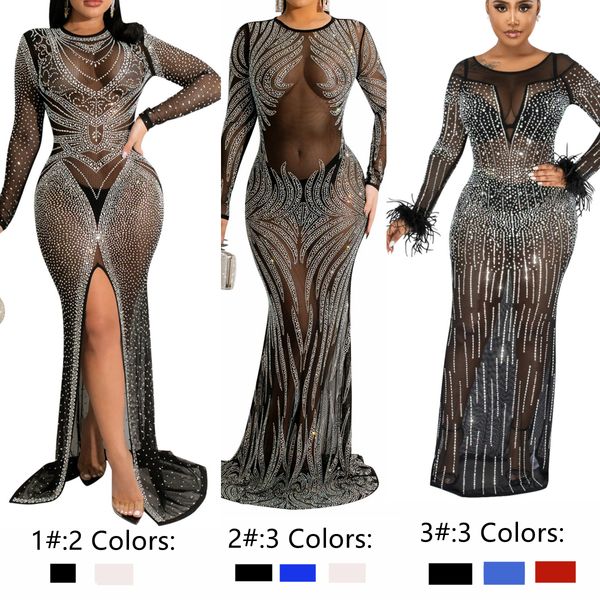 2022 Femmes Maxi Robes De Bal À Manches Longues Moulante Robe De Soirée Sparky Sheer Mesh Stretch Club Nuit Longue Robes Noir Bleu Rouge Blanc