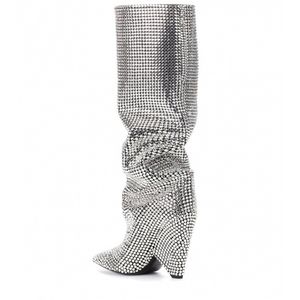 2022 bottes pour femmes automne et hiver nouvelle mode strass talon haut longueur au genou plissé tas manches longues gros baril rond pointu bottes de chevalier