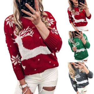 2022 femmes noël col rond chandails à manches longues Elk flocon de neige motif lâche tricot pull hauts Y1110