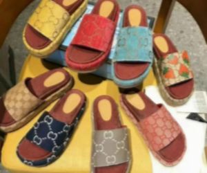 2022 Dames Double G Slide Sandal Designer Multicolor Platform Slippers Burgundy Mini Printing Fabric Rubber Sole Shoes