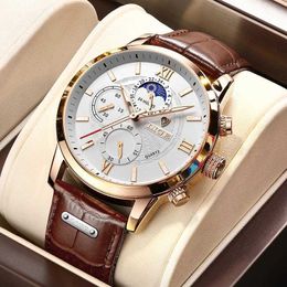 2022 Damesmode Horloges Heren Topmerk Luxe Klok Casual Leathe 24 Uur Maanfase Mannen Horloge Sport Waterdicht Quartz Chronograaf + Doos