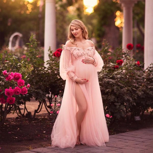 2022 vestidos de graduación para mujer con hombros descubiertos, vestidos de fiesta de manga larga para celebridades, apliques de encaje, vestido de fotografía de maternidad con cuentas