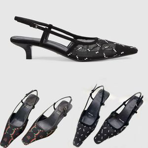 2022 Dames Slingback Sandalen Pomp Slingback-schoenen worden gepresenteerd in Black Mesh met Crystals Fonkelende Motief Back Gesp Sluitingsgrootte 35-41
