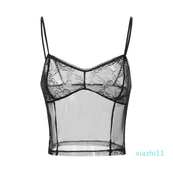 2022-femmes femmes dentelle Crop Cami hauts maille transparente sans manches Spaghetti sangle serré Camisole peau amical Streetwear pour l'été