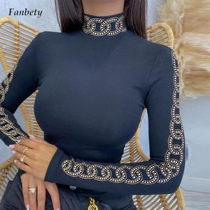 2022 Dames Sexy Turtleneck Sticker Crystal Shirts Tops Spring Elegante Lange Mouw Blouse Kantoor Dame Casual Pullover Blusa 220223