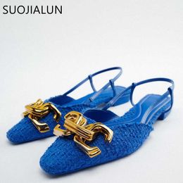 2022 Femmes Brand de printemps Sandale Suojialun Nouvelles sandales Boucle de mode Boucle profonde dames élégantes Blue Mules Flat Talon Robe féminine Slides Shoe T230208 85