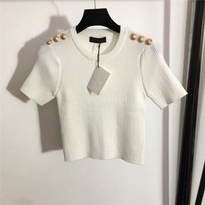 2022 Femmes Tops de t-shirt en tricot en laine d'été avec boutons métalliques Designer Crop top t-shirt Viscose Viscose Viscose Pull à rayures Stretch Striped Pullover
