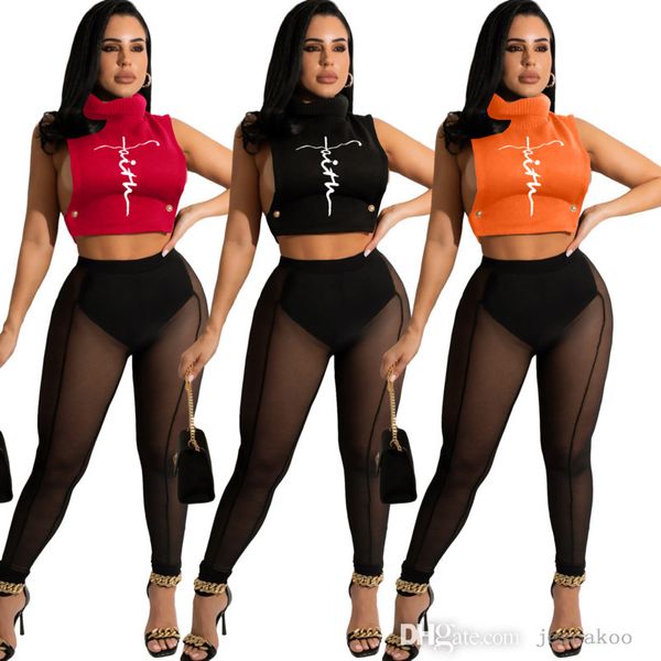 2022 Chándales de mujer Ropa de diseñador Letra impresa 2 piezas Camisetas sin mangas Leggings Trajes Sexy Ver a través de pantalones de malla Trajes de chándal