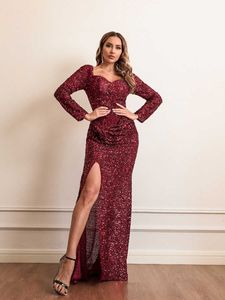 2022 femmes col en V à manches longues robe à paillettes élégante robe de soirée fête Maxi robe dames traînant robes Vestidos