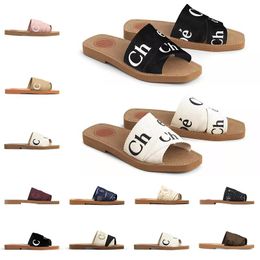 2022 femmes woody mules sandales plates diapositives designer toile pantoufles blanc noir voile femmes mode en plein air plage pantoufle chaussures